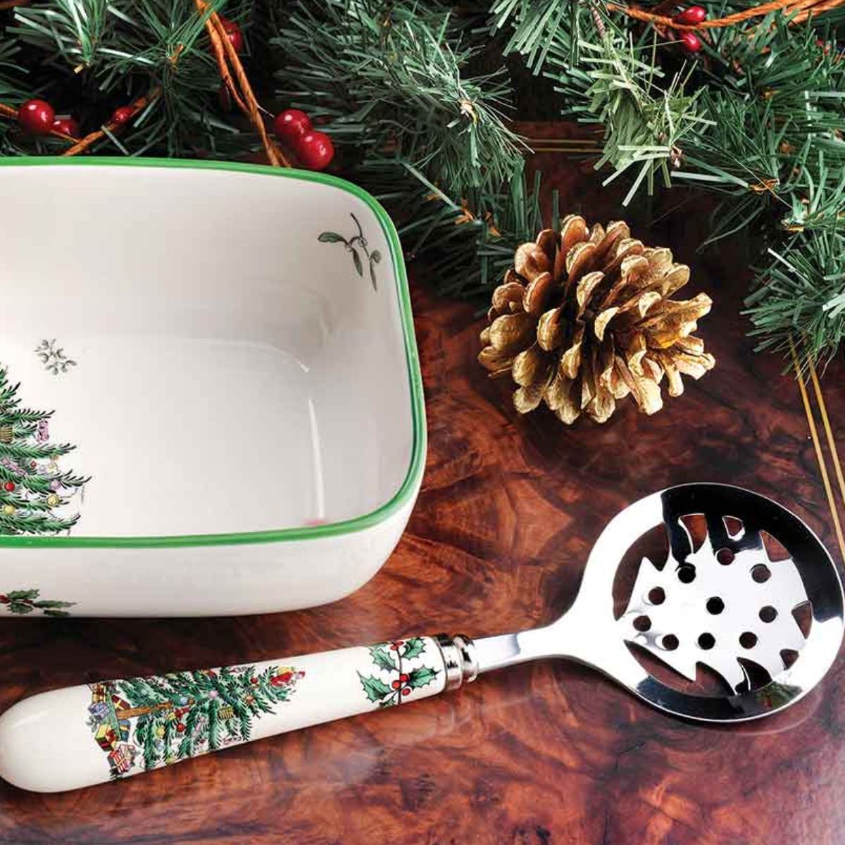 Christmas Tree Cranberry Server with Slotted Spoon image number null
